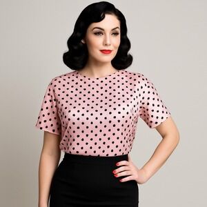 Vintage First Impressions Pink Satin Polka Dot Blouse Top Short Sleeve Size M‎